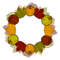 Wreath of pumpkins orange with fall leaves. Digital  illustration for your design,  decorating invitations and cards, making stickers, embroidery scheme,  printing on packaging. png