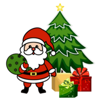 Santa Claus with Christmas tree and gift boxes. Digital illustration for design, decorating invitations and cards, making stickers,  print on packaging, png