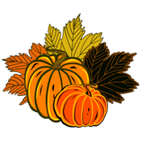 Two pumpkins orange with fall maple leaves. Digital  illustration  for your design, decorating invitations and cards, making stickers, embroidery scheme,  printing on packaging and textiles. png