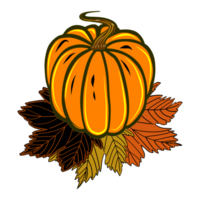 Pumpkin orange with fall maple leaves. Digital illustration for your design,  decorating invitations and cards, making stickers, embroidery scheme,  printing on packaging and textiles. png