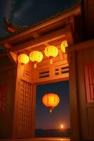 chino linterna en portón ai generado foto