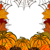 Frame of pumpkins with fall leaves and web.  Digital  illustration for your design,  decorating invitations and cards, making stickers, embroidery scheme,  printing on packaging and textiles. png