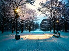 invierno parque con calle ligero ai generado foto