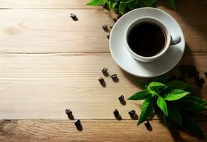 top view copy space mock up a cup of coffee with green leaves on wooden table ai generated photo