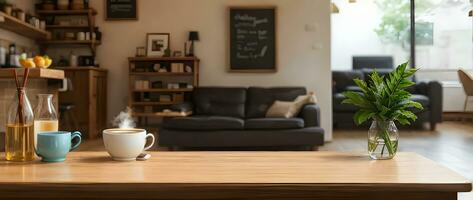 un taza de café en vivo habitación mesa con Copiar espacio ai generado foto