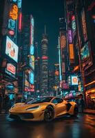 yellow modern super in night city with colorfull lights ai generated photo