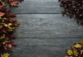 autumn leaves flat lay with copy space in wooden board background ai generated photo