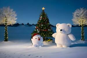 photo polar bear doll with pine tree ai generated