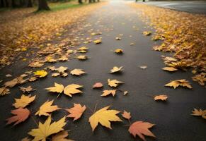 fallen maple leaves on public street ai generated photo