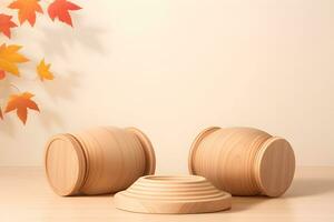 a wooden podium product display mockup with maple leaves in simple background ai generated photo