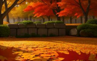 park full of falling maple leaf in autumn landscape illustration ai generated photo