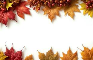 arranged autumn leaves flat lay with copy space in white background ai generated photo