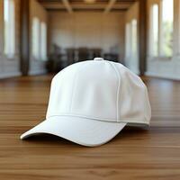 AI generated Blank white cap on the wood floor photo