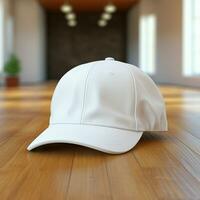 AI generated Blank white cap on the wood floor photo