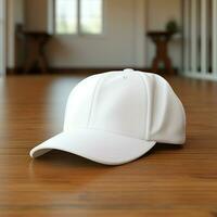AI generated Blank white cap on the wood floor photo