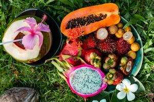 tropical fruits of Asia region Thailand on grass photo