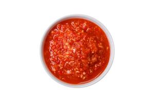 delicioso caliente picante rojo salsa con sal y especias en un cerámico cuenco foto