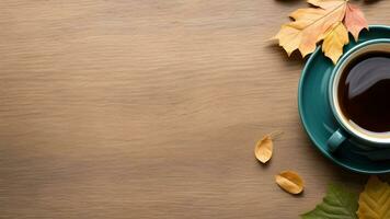 top view of coffee and autumn leaves flat lay with copy space ai generated photo