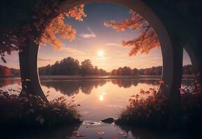 otoño lago con agua reflexión ai generado foto