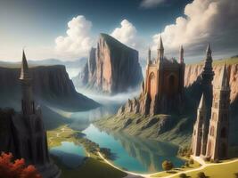 lake fantasy landscape with castle ai generated photo