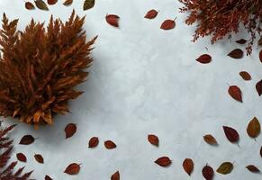 red autumn leaves flat lay in white background with copy space ai generated photo