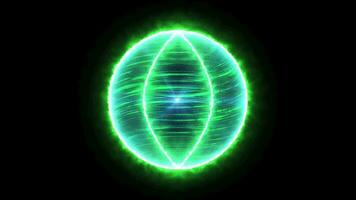 Abstract green particle sphere. The magic ball burns with flame and emits light. Science of atomic or molecular technologies video