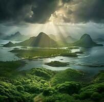 un montaña y lago con el Dom brillante mediante el nubes ai generado foto