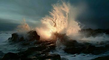 The sun is setting over the rocks and water wave hit the rock near shore ai generated photo