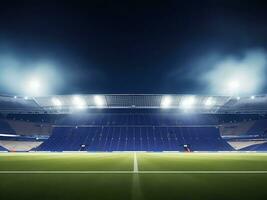 panorámico ver de fútbol americano estadio. vacío noche fútbol campo, nadie, bandera plantilla, Copiar espacio. ai generado foto