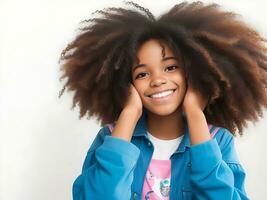 Cute carefree friendly-looking teenage girl with afro hairstyle smiling broadly with shy, ai generated photo