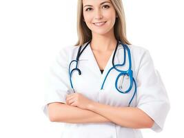Portrait of a smiling female doctor standing with arms crossed over white background, ai generated photo