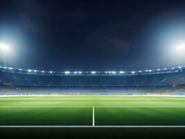 Panoramic view of football stadium. Empty night soccer field, nobody, banner template, copy space. ai generated photo