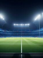 panorámico ver de fútbol americano estadio. vacío noche fútbol campo, nadie, bandera plantilla, Copiar espacio. ai generado foto