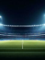 Panoramic view of football stadium. Empty night soccer field, nobody, banner template, copy space. ai generated photo