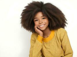 Cute carefree friendly-looking teenage girl with afro hairstyle smiling broadly with shy, ai generated photo
