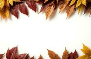 arranged autumn leaves flat lay in white background with copy space ai generated photo
