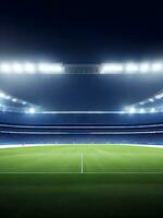 Panoramic view of football stadium. Empty night soccer field, nobody, banner template, copy space. ai generated photo