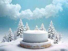 nieve podio producto monitor Bosquejo con nube y invierno arboles ai generado foto