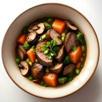 upper view of a bowl rustic beef stew with shiitake mushroom ai generated photo