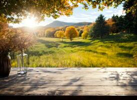 empty table mockup with autumn landscape background ai generated photo