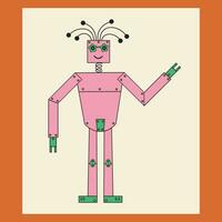 Funny robot flat vector illustration in cartoon style. Kind  machine resembling a human with glasses for card, print, design, paper, poster, icon. Hand drawn friendly vintage cyborg character