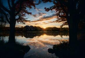 photo sun set in autumn lake ai generated