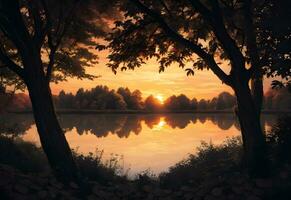 sunset landscape in autumn lake with water reflection ai generated photo