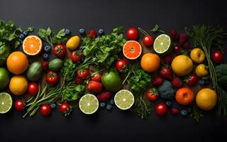 top view fruit and vegetables flat lay in dark background ai generated photo