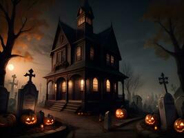 mystical house with pumpkin in graveyard ai generated photo