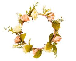 wreath of fabric flowers isolated on white background. photo