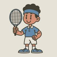 contento tenis jugador dibujos animados en Clásico retro estilo vector