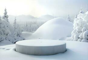 cylinder podium product display mockup surrounded by snow ai generated photo