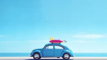 foto azul clásico coche vacaciones en verano playa ai generado