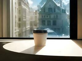 view a cup of coffee with window background ai generated photo